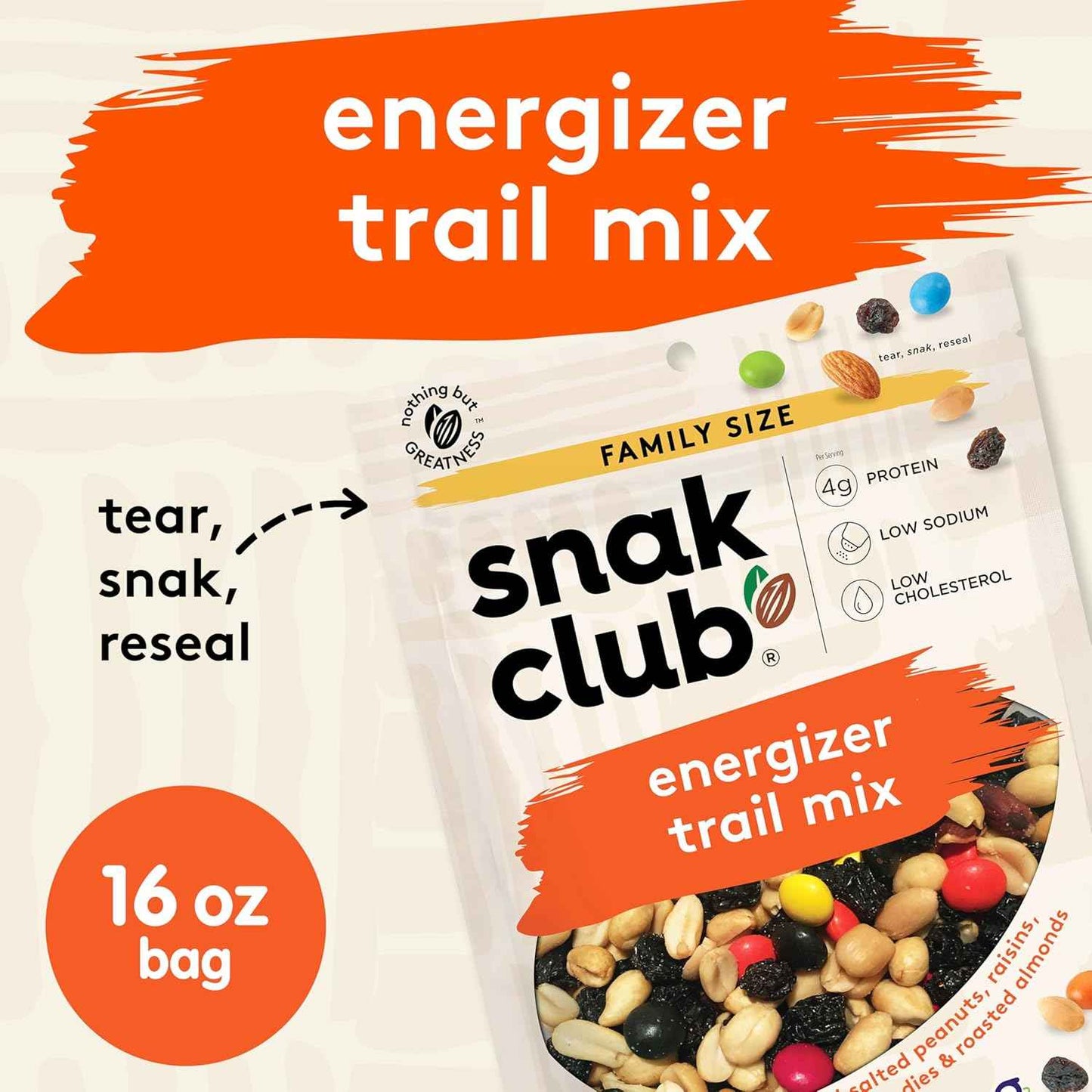 Snak Club Energizer Trail Mix – Guilt-Free Office Snack with 4g Protein, Low Sodium, and Cholesterol-Conscious Ingredients, 16 oz Pouch