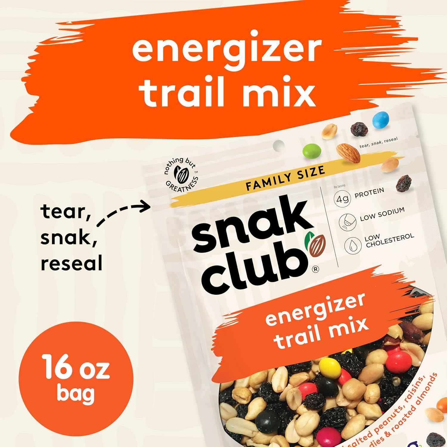 Snak Club Energizer Trail Mix – Guilt-Free Office Snack with 4g Protein, Low Sodium, and Cholesterol-Conscious Ingredients, 16 oz Pouch