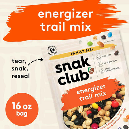 Snak Club Energizer Trail Mix – Guilt-Free Office Snack with 4g Protein, Low Sodium, and Cholesterol-Conscious Ingredients, 16 oz Pouch