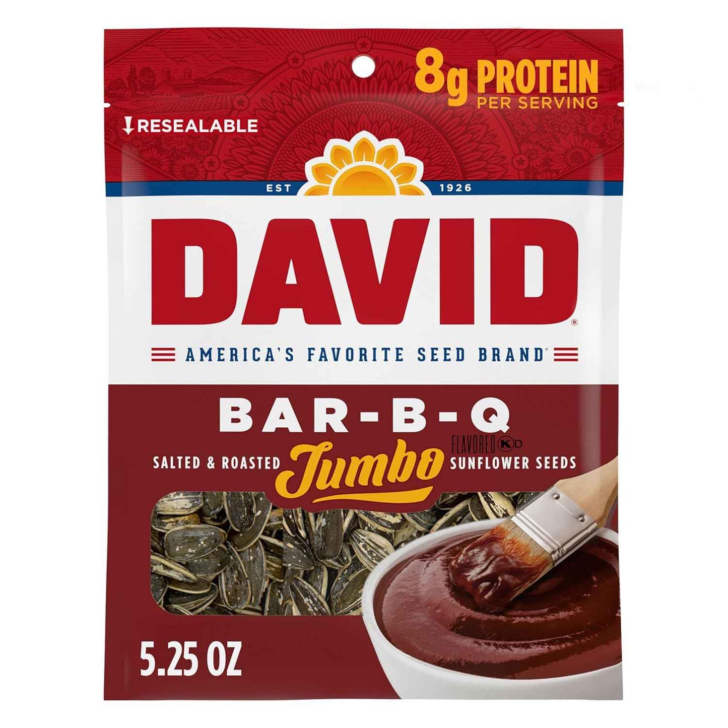 DAVID Jumbo Sunflower Seeds, Bar-B-Q Flavor, 5.25 oz – Stadium Seat Snack for Sports Games and Road Trips