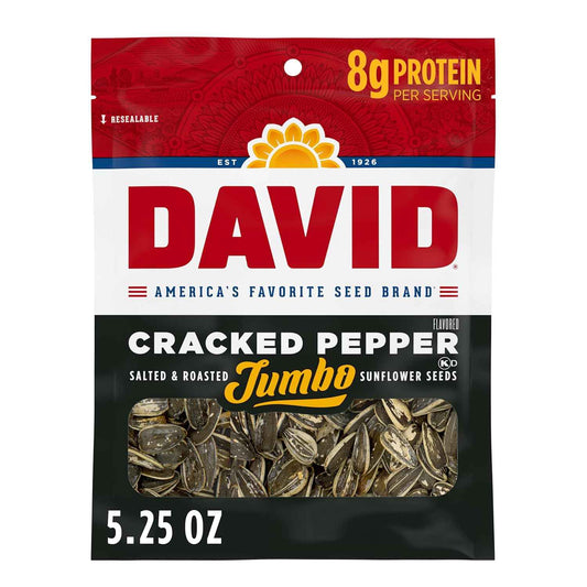 DAVID Jumbo Sunflower Seeds Cracked Pepper – Office Desk Snack to Curb Afternoon Hunger and Stay Focused, 5.25 oz Bag