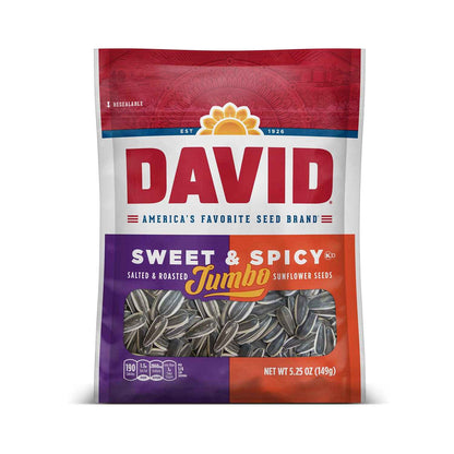 DAVID Jumbo Sunflower Kernels Sweet and Spicy – Office and Study Crunch, 5.25 oz Mess-Free Single-Serve Bag