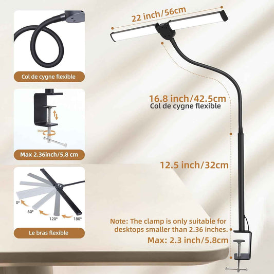Motumen Dual-Head LED Desk Lamp for Home Office – Flicker-Free Task Light with Clamp, 25 Modes & 1-Hour Timer for Deep Work