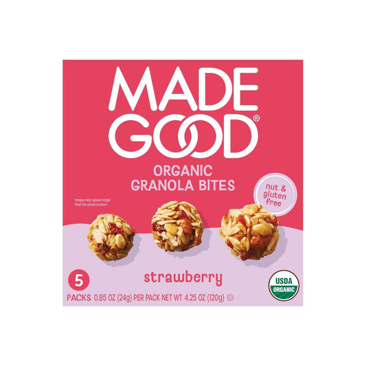 MadeGood Organic Strawberry Granola Bites – Nut-Free School Lunchbox Snack for Kids, 5 Individually Wrapped Pouches