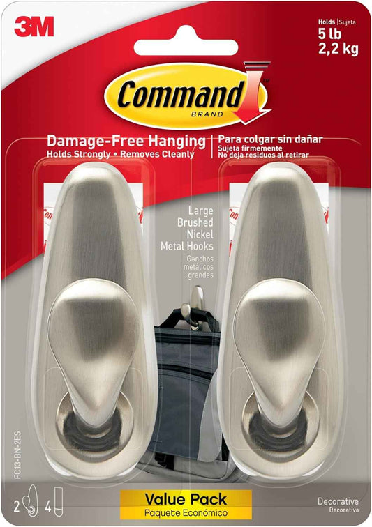 Command 5 lb Brushed Nickel Hooks – Intentional Home Storage for Mudroom and Closet Door, Reusable Adhesive Hooks, Refined Finish