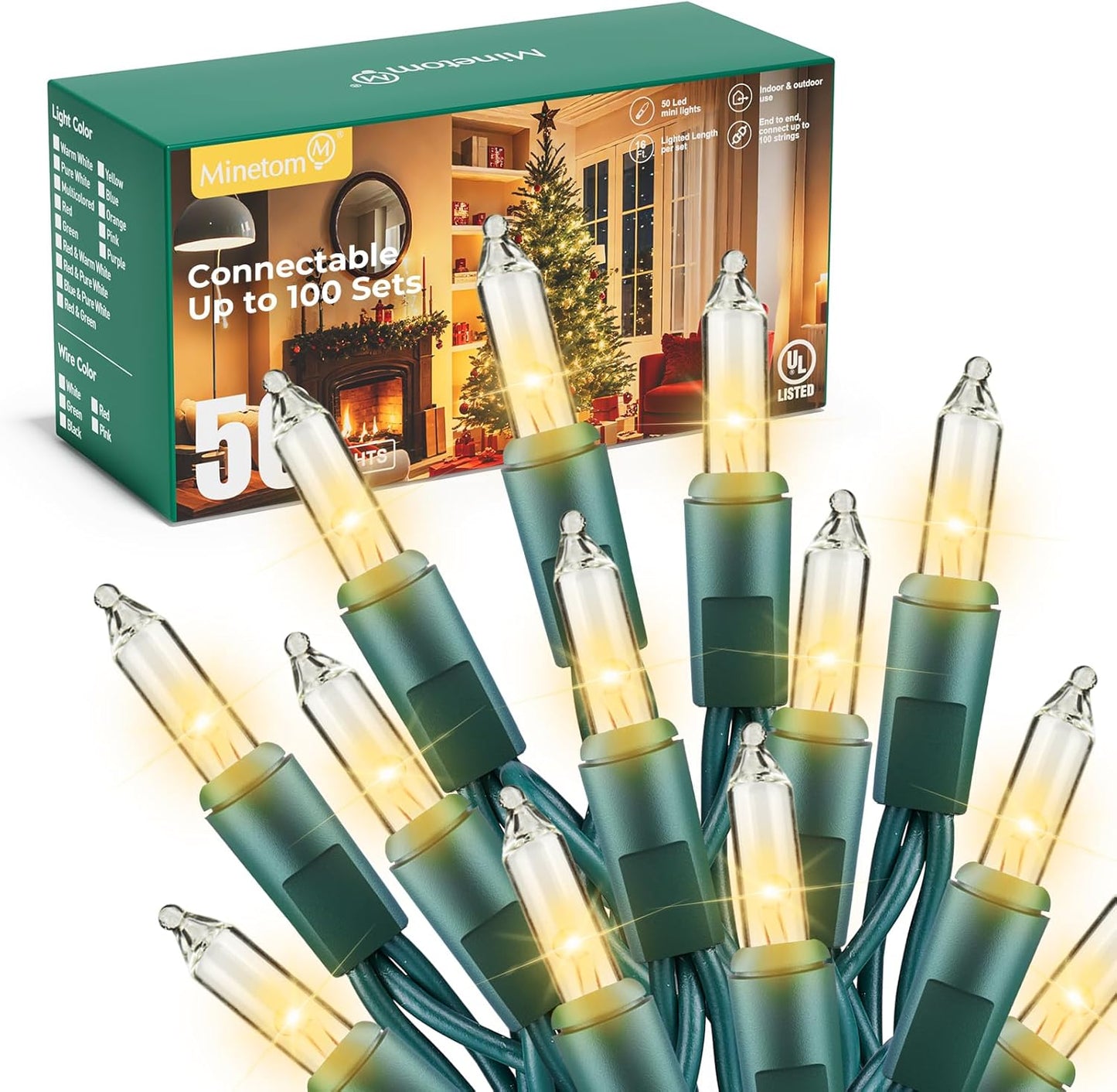 50 / 100 / 200 led count variants on 16 / 33 / 66 ft green or white wire