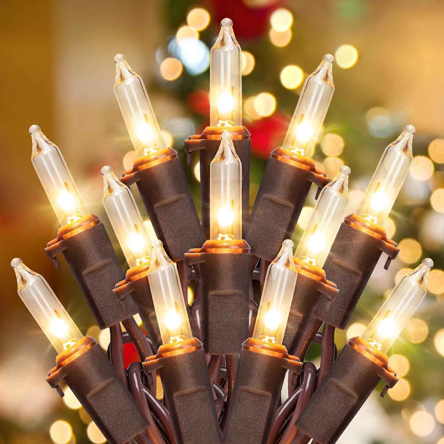 YOUNGAR 13FT 50 Clear Incandescent String Lights with Brown Wire – UL-Tested Indoor and Outdoor Safe Lighting with Built-In 3A Fuse