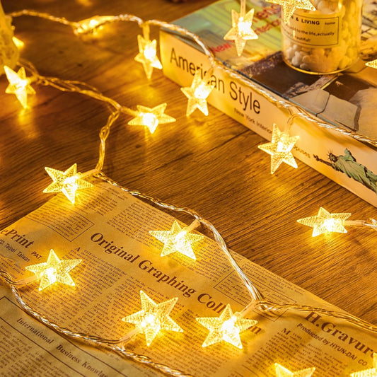 50 led star-shaped bulbs (with 120 and 200 led variants) on a 17 ft thin clear wire