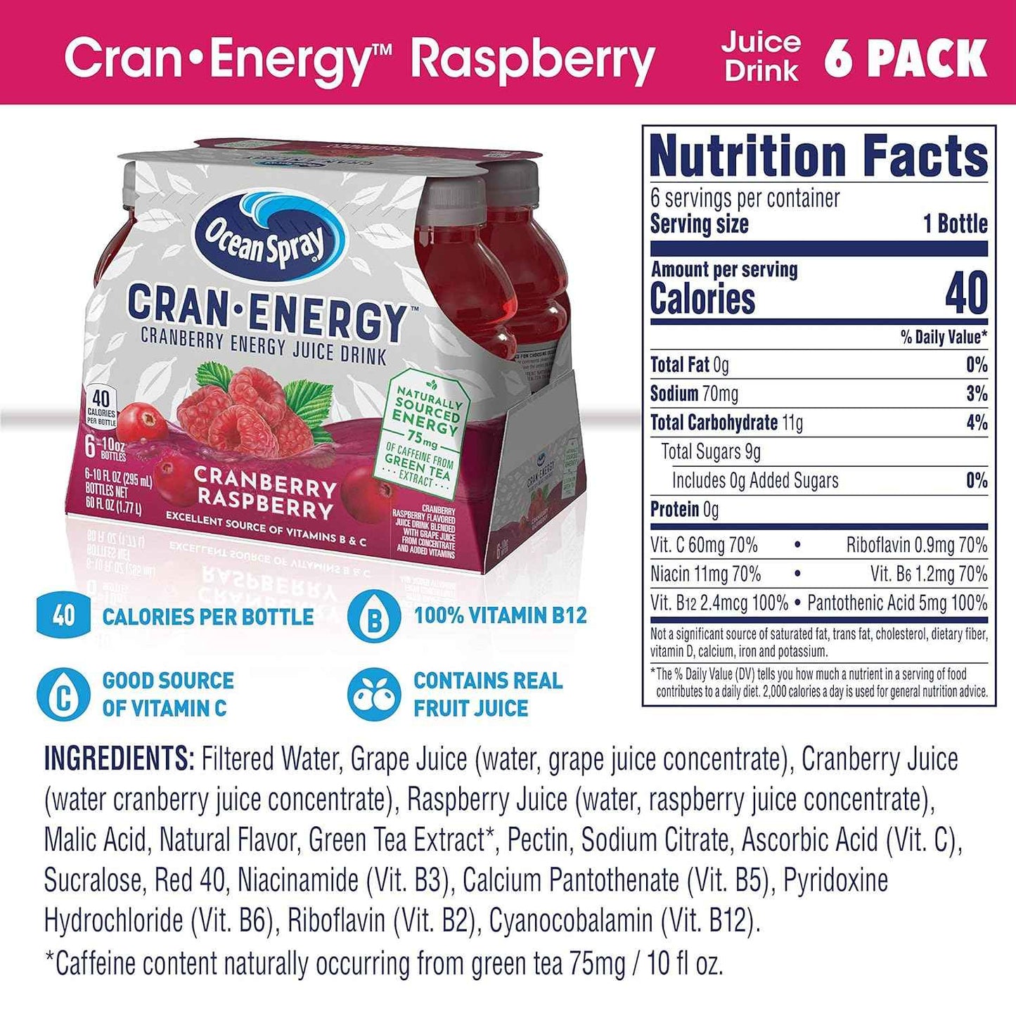 Ocean Spray Cran-Energy Cranberry Raspberry Energy Juice Drink for Sports Practice Sidelines and Family Friendly Energy