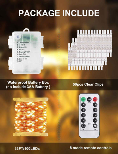 LECLSTAR Photo Clip String Lights – Cozy Bedroom Decor with 100 Warm White LEDs and 50 Clear Clips for Polaroid Displays