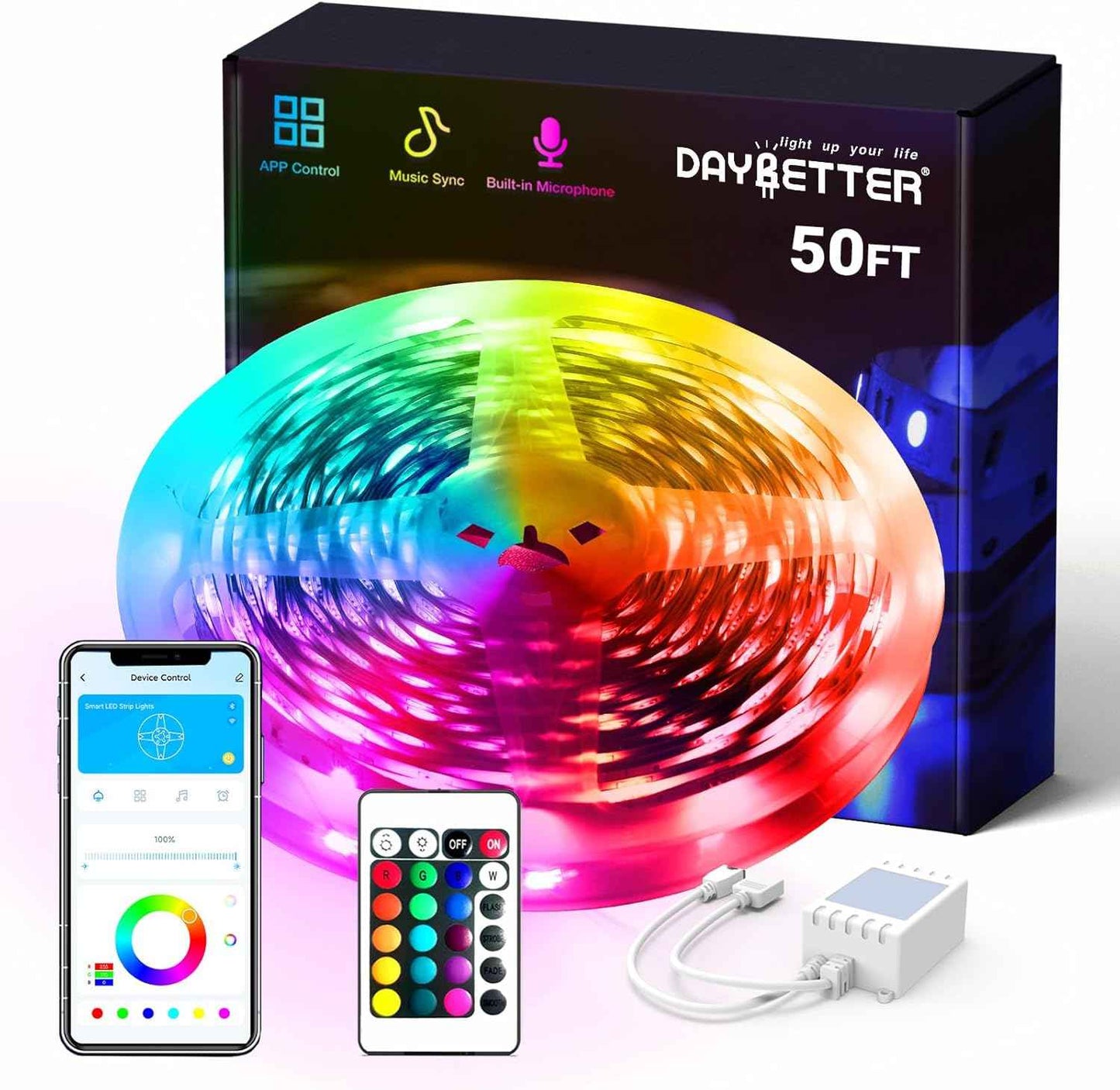 DAYBETTER 100ft LED Light Strips Housewarming Gift, Music Sync Color Changing Smart Lights for Living Room Party and Holiday Celebrations