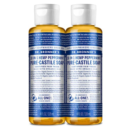 Dr. Bronner&amp;#39;s - Pure-Castile Liquid Soap, Made with Organic Oils, 18-in-1 Uses: Face, Body, Hair, Laundry, Pets and Dishes, Concentrated, Vegan, Non-GMO (Peppermint, 4 ounce, 2-Pack)