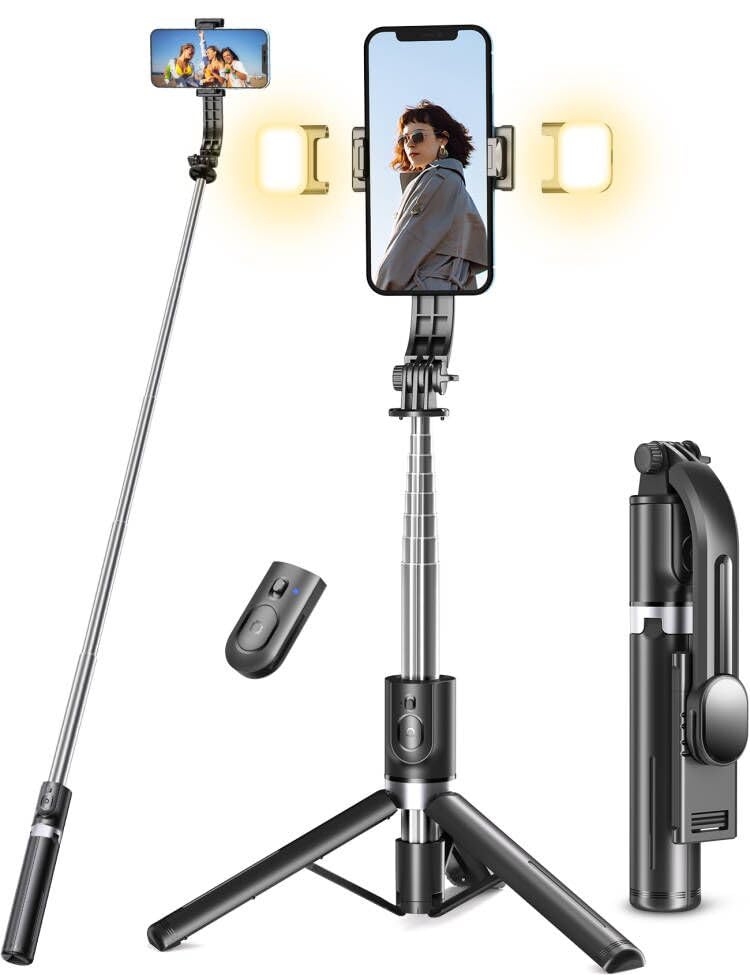 Selfie Stick Tripod with Light, 45&amp;#39;&amp;#39; Selfie Stick with Wireless Remote, Portable Phone Tripod Compatible with iPhone 16/15 Pro Max/15/14 Pro/14/13, Samsung S22/ S23 Ultra/Android Smartphone