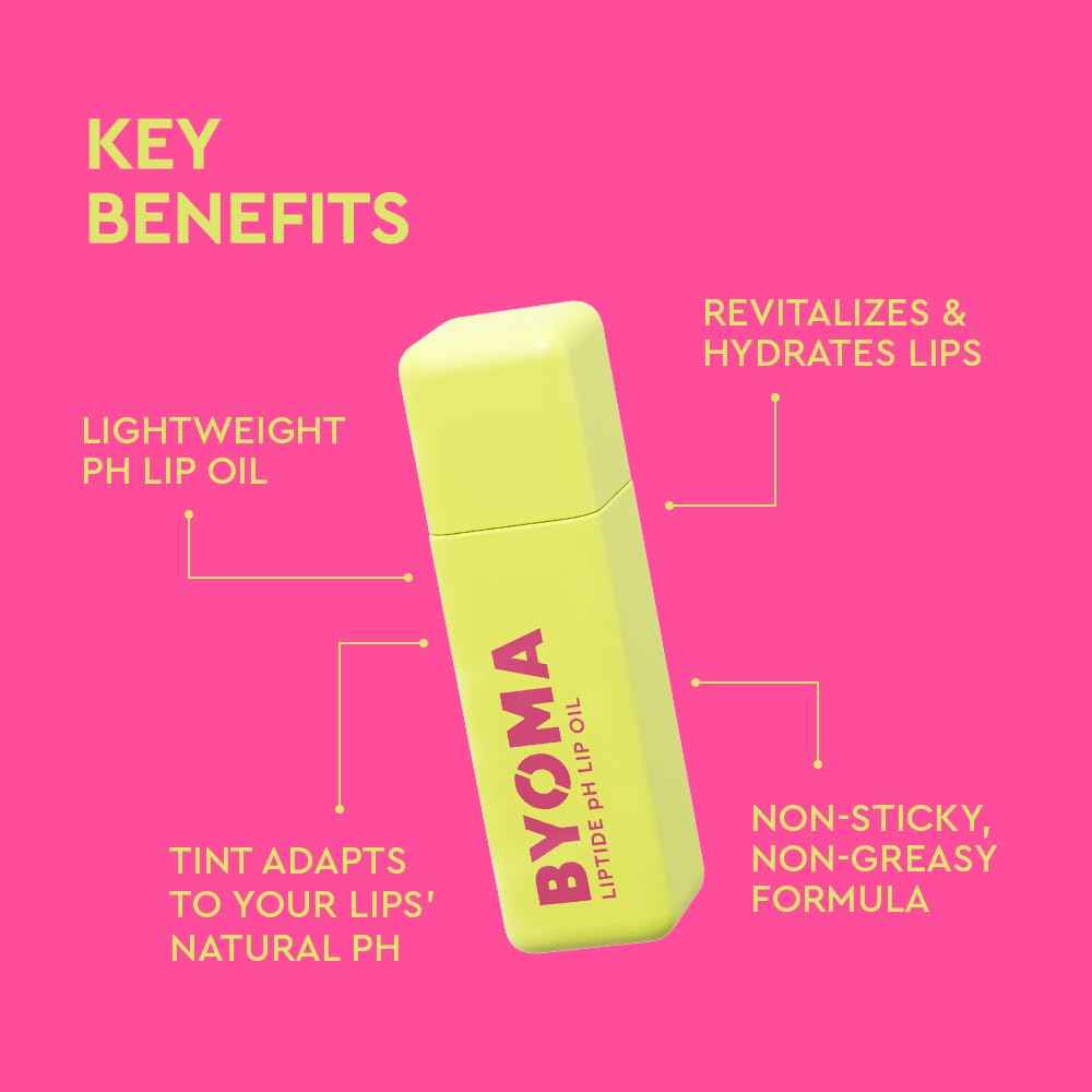 BYOMA Liptide pH Lip Oil - Glossy, Non-Sticky Gloss with pH Adaptive Tint - Peptide Lip Treatment with Peptides, Avocado & Tamanu Oils - Softens, Plumps, Hydrates - 0.16 oz