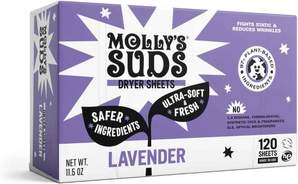Molly's Suds Fabric Softener Dryer Sheets for Sensitive Skin | Plant-Based Static Reducer, Plastic-Free Packaging