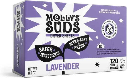 Molly's Suds Fabric Softener Dryer Sheets for Sensitive Skin | Plant-Based Static Reducer, Plastic-Free Packaging