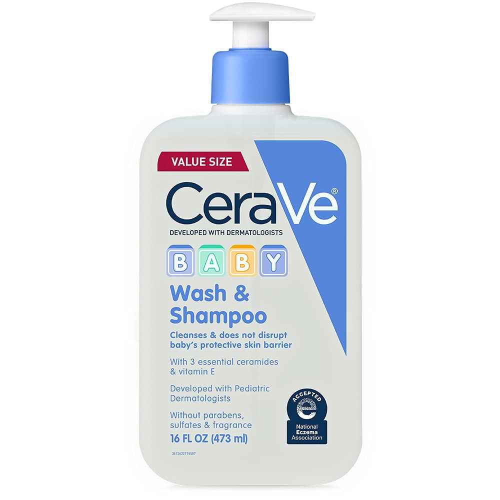 CeraVe Baby Wash & Shampoo, Tear-Free 2-in-1 Bath Wash for Hair & Skin, with Vitamin E, Fragrance-Free, Paraben-Free, Dye-Free, Phthalates-Free, Sulfate-Free