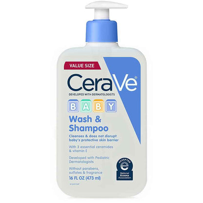 CeraVe Baby Wash & Shampoo, Tear-Free 2-in-1 Bath Wash for Hair & Skin, with Vitamin E, Fragrance-Free, Paraben-Free, Dye-Free, Phthalates-Free, Sulfate-Free