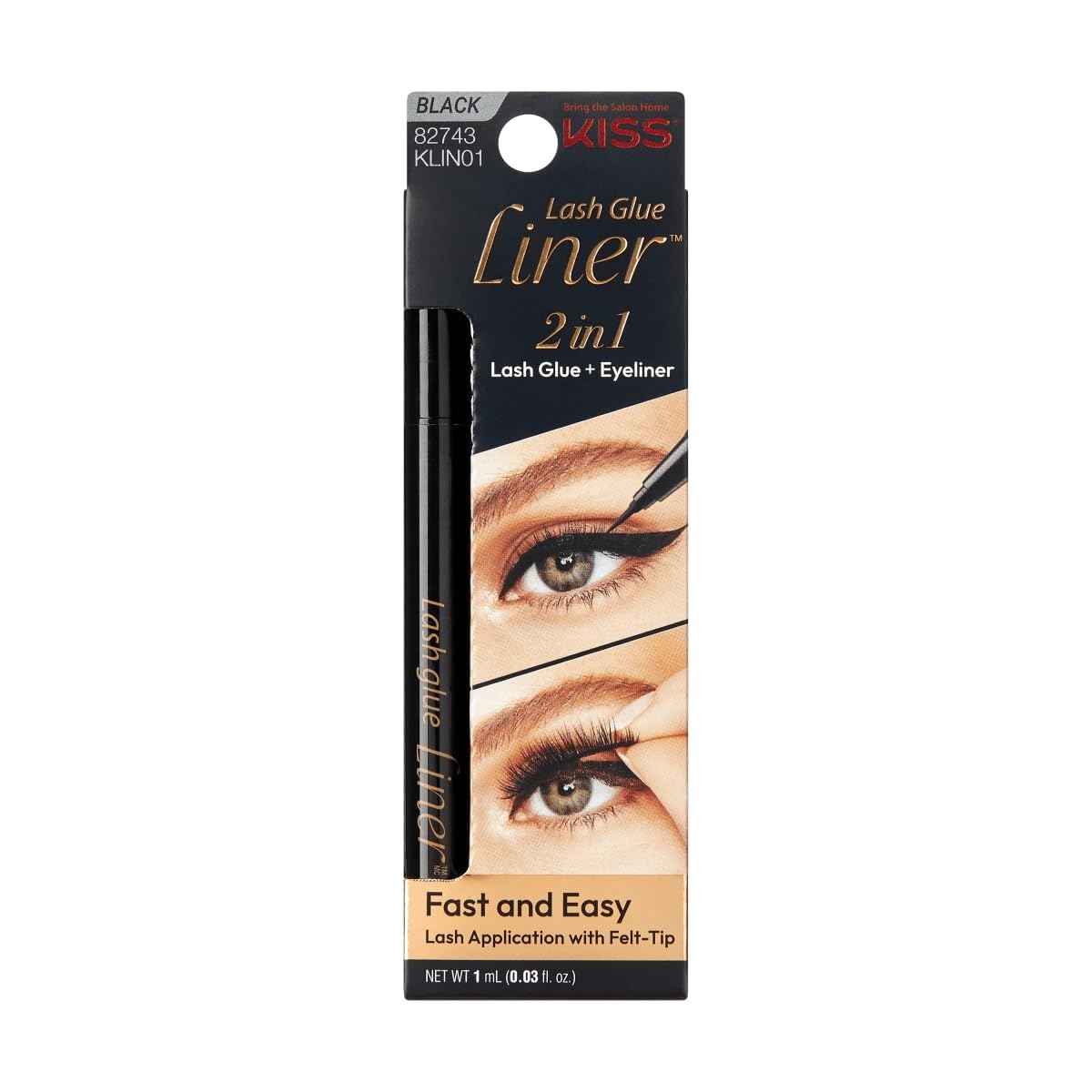 KISS Lash Glueliner, Eyeliner Lash Glue, 2-in-1 Felt-Tip Eyeliner and Lash Adhesive, Includes 1 Glue Liner, Long Lasting Wear, Can Be Used with Strip Lashes and Lash Clusters