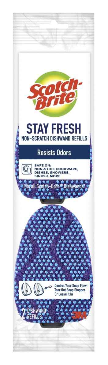 Scotch-Brite Odor Resist Non-Scratch Dishwand Refill, 2 Dish Wand Sponge Refills, Removes Stuck-on Food, Best for Nonstick Pots and Pans, Glass, Tubs & Showers, Fits all Scotch Brite Dishwands