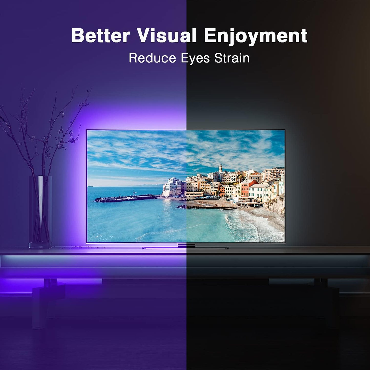 54-led strip with upgraded stronger adhesive backing for reliable mounting behind a tv
