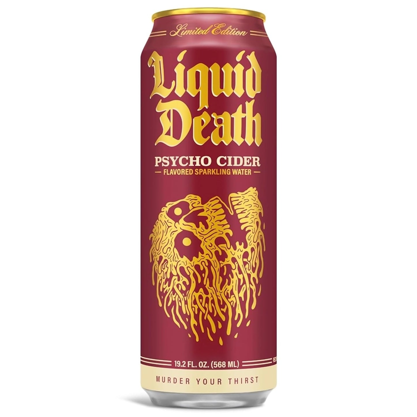 Liquid_Death,_Psycho_Cider_Sparkling_Water,_Apple_Cider_Flavored_Sparkling_Beverage_Sweetened_With_Real_Agave,_Low_Calorie_&_Low_Sugar,_8-Pack_(King_Size_19.2oz_Cans)