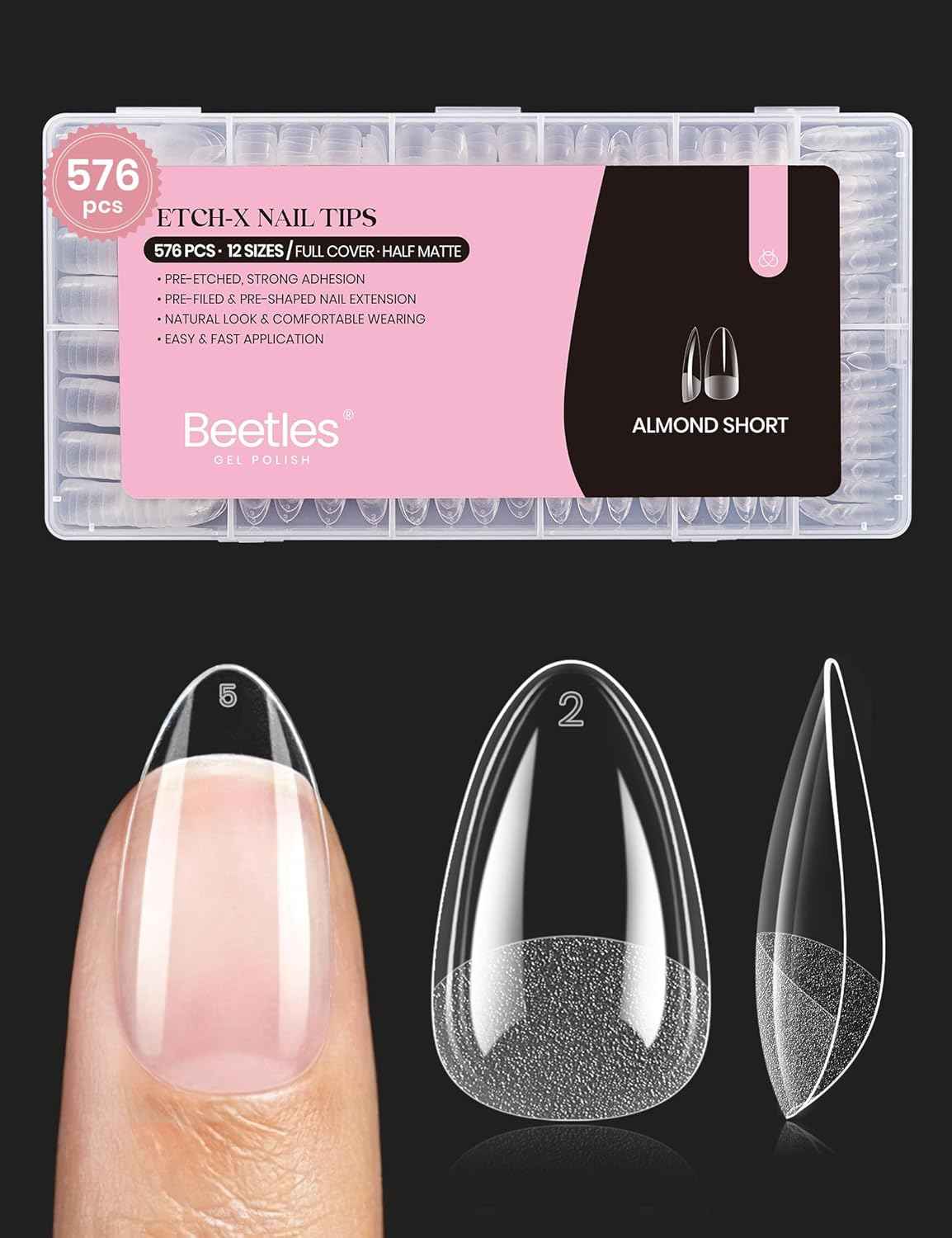 Beetles Gel Nail Tips 576Pcs Pre-shape Short Almond Etch-X Nail Tips – Clean Half-Matte Press-On Nails, 12 Sizes for an Uncluttered Nail Station