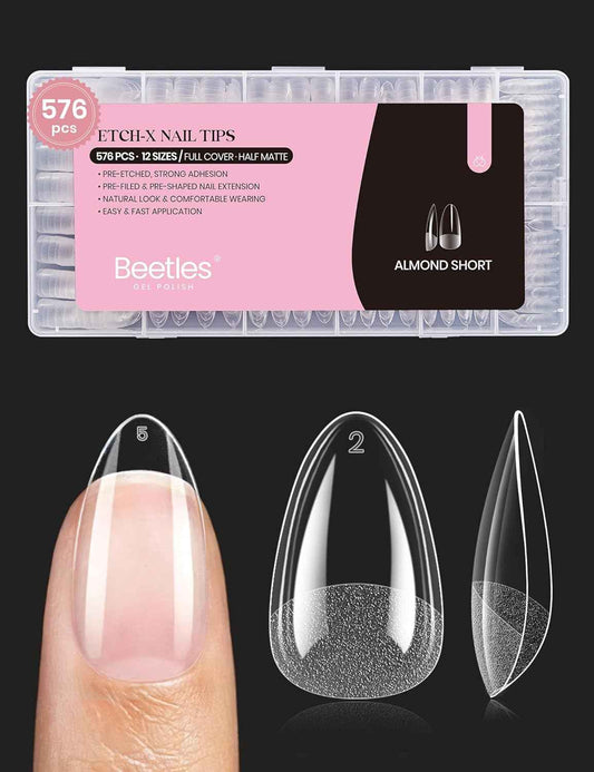 Beetles Gel Nail Tips 576Pcs Pre-shape Short Almond Etch-X Nail Tips – Clean Half-Matte Press-On Nails, 12 Sizes for an Uncluttered Nail Station