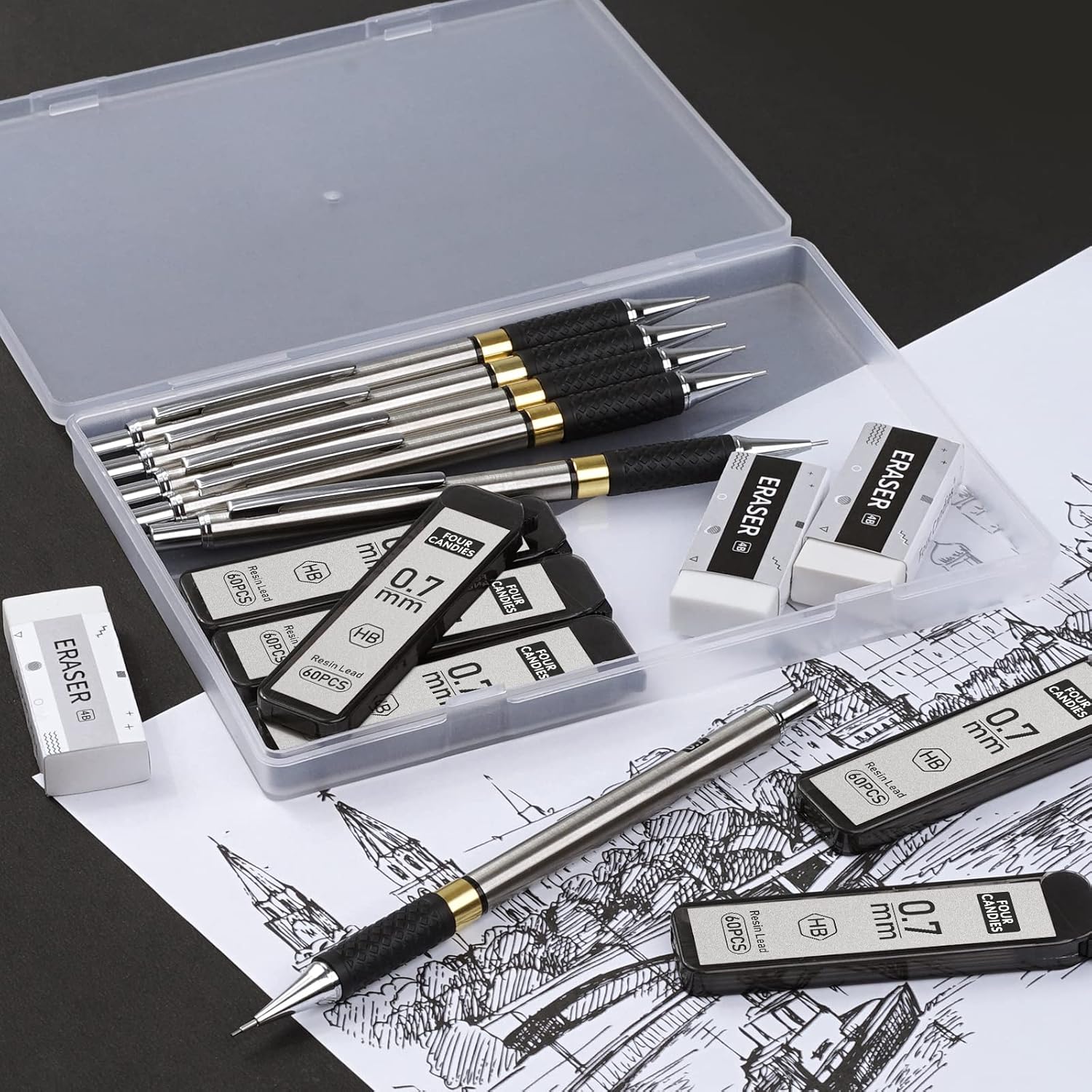 Four_Candies_Metal_Mechanical_Pencil_Set_-__Art_Mechanical_Pencils_&_360PCS_HB_Lead_Refills_&_3PCS_Erasers_&_9PCS_Eraser_Refills,_Drawing_Mechanical_Pencils_for_Writing,_Sketching/With_Case