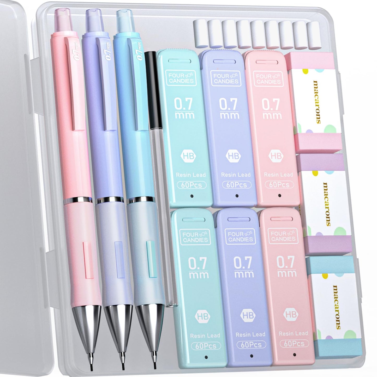 Four_Candies_Pastel_Mechanical_Pencil_Set_-_3PCS_0.7mm_Mechanical_Pencils_with_360PCS_HB_Lead_Refills,_3PCS_Erasers_and_9PCS_Eraser_Refills,_Cute_Pencils_for_School_Drawing_&_Writing