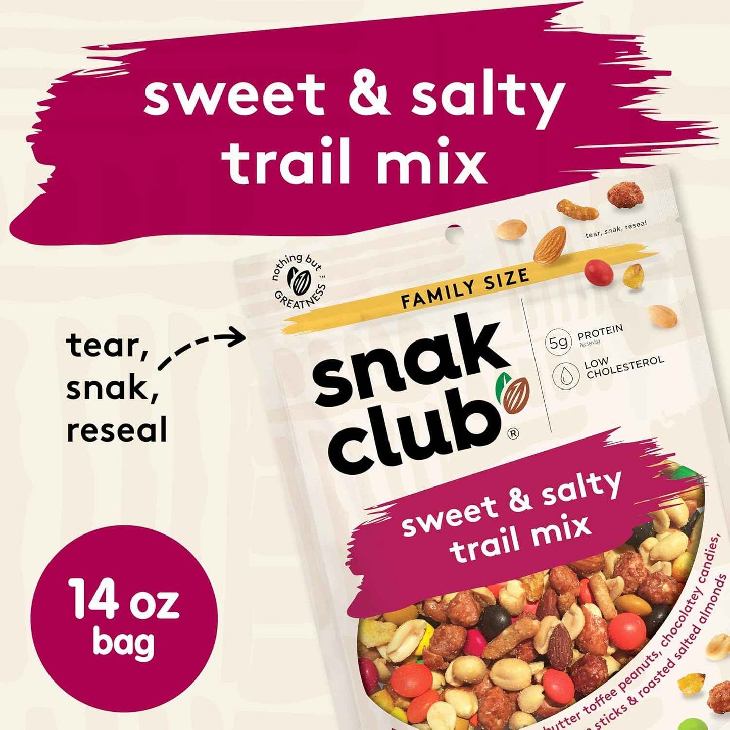 Snak Club Sweet & Salty Trail Mix, Family Size – Hiking Trail Snack for Active Adults, Resealable 14 oz Pouch