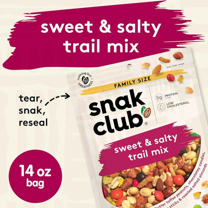 Snak Club Sweet & Salty Trail Mix, Family Size – Hiking Trail Snack for Active Adults, Resealable 14 oz Pouch