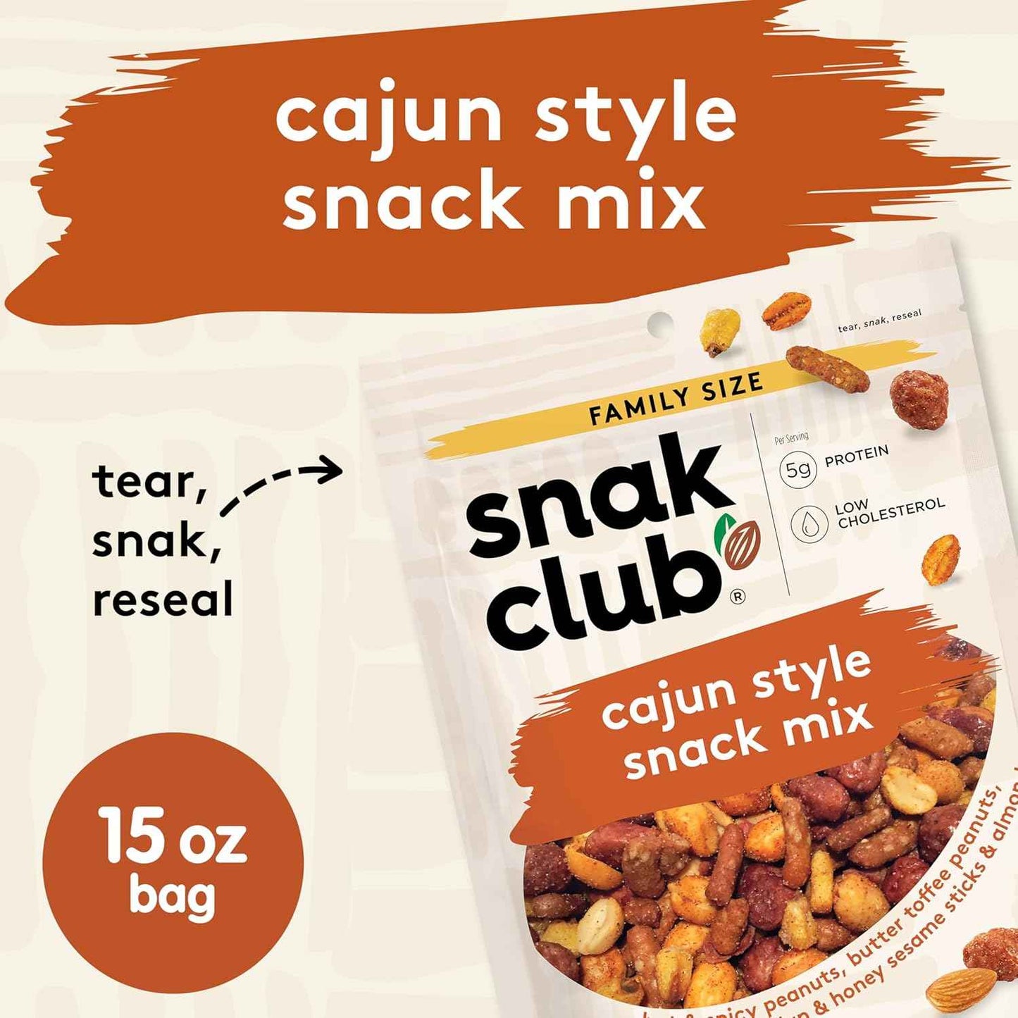 Snak Club Cajun Snack Mix – Family Friendly Lunchbox Add On with Sweet and Spicy Crunch Kids Love, 15 oz Resealable Pouch