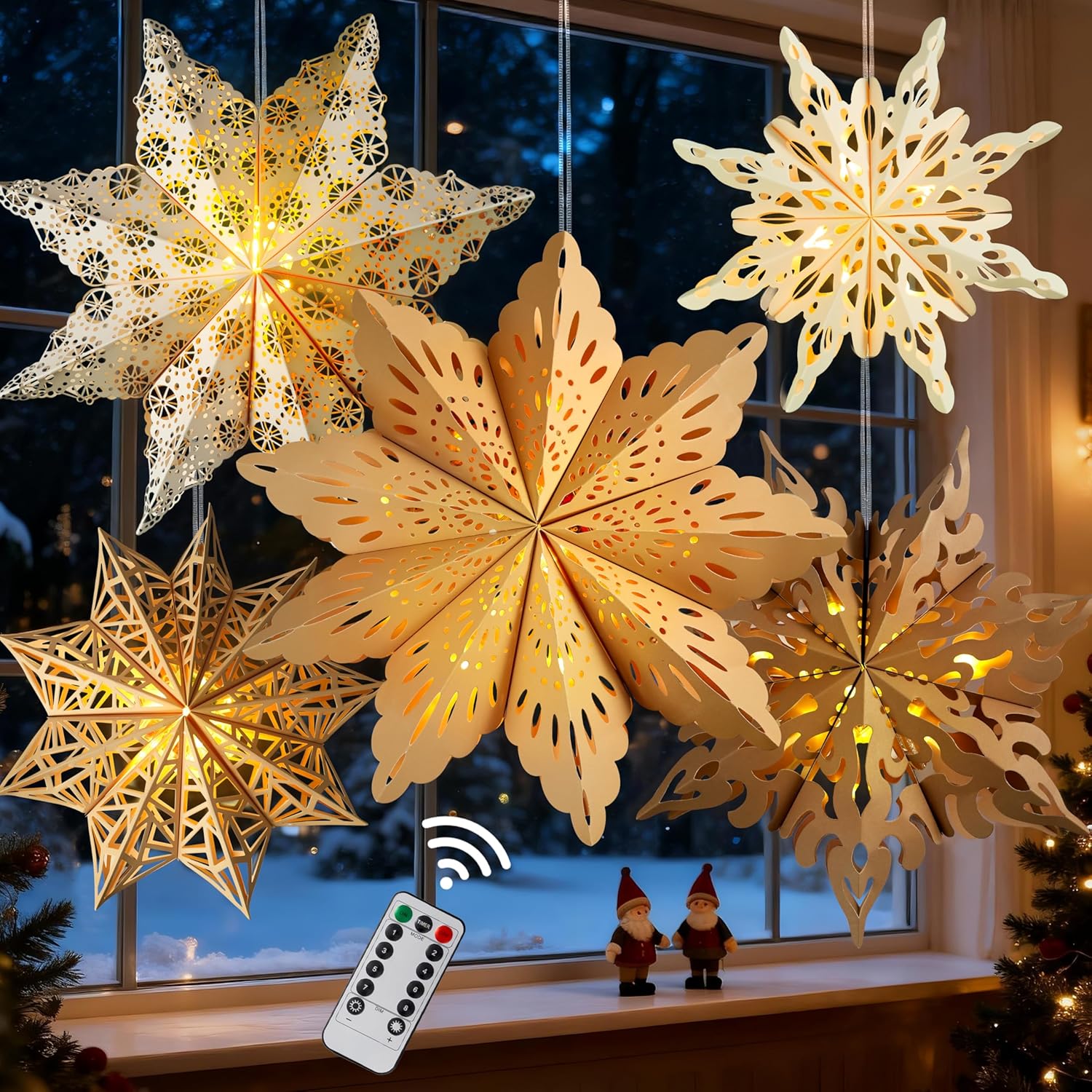 5Pcs Flameless Paper Snowflake Lanterns with LED – Smoke and Fire-Free Holiday Lighting Safe Around Kids, Pets and Curtains