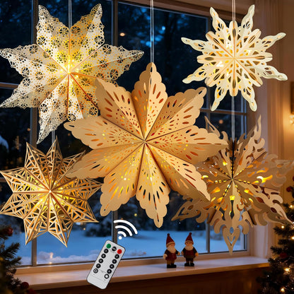 5Pcs Flameless Paper Snowflake Lanterns with LED – Smoke and Fire-Free Holiday Lighting Safe Around Kids, Pets and Curtains