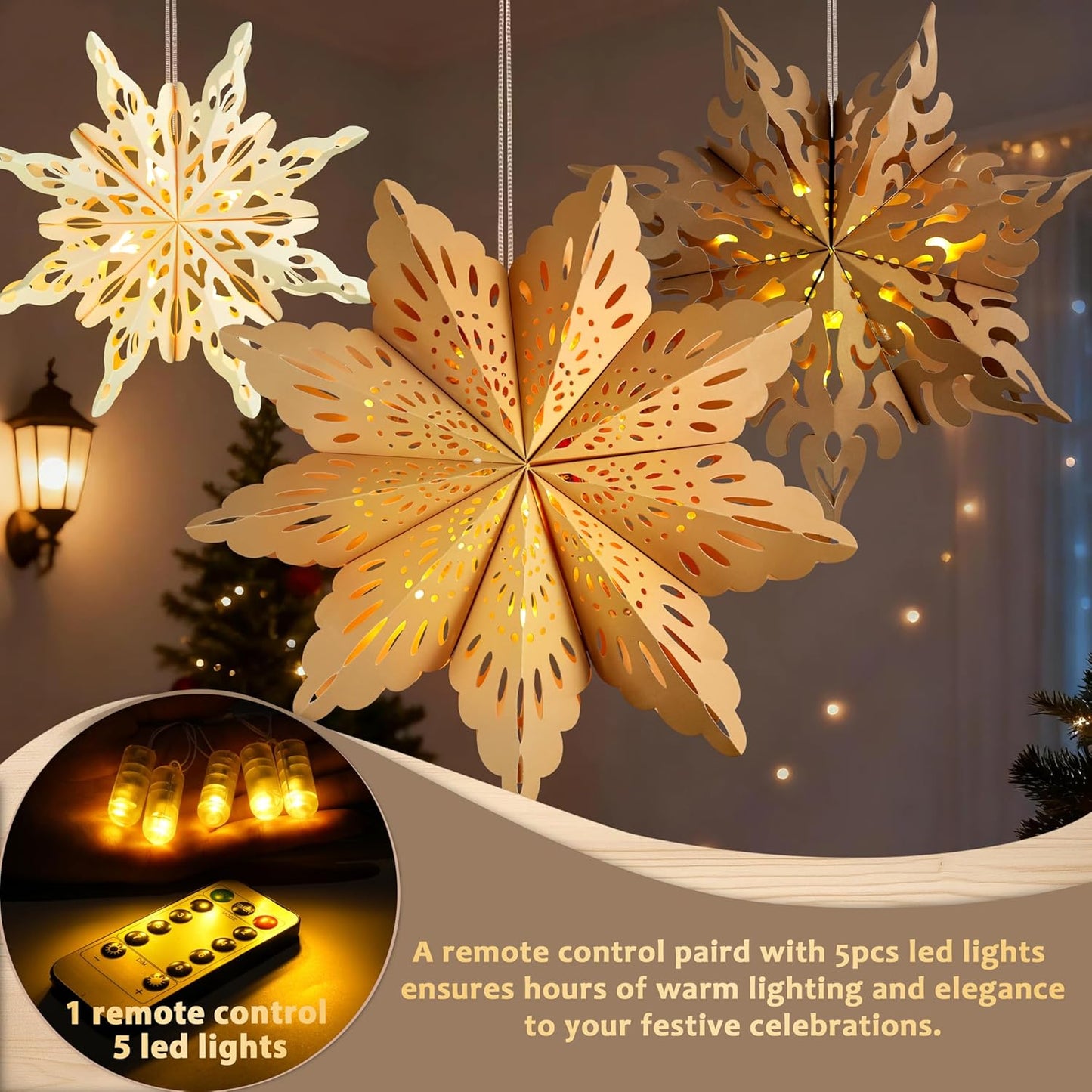 5Pcs Flameless Paper Snowflake Lanterns with LED – Smoke and Fire-Free Holiday Lighting Safe Around Kids, Pets and Curtains