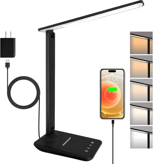 shinelife LED Desk Lamp – Slim Minimalist Task Light for Small Apartment Desk, USB Charging Built-In