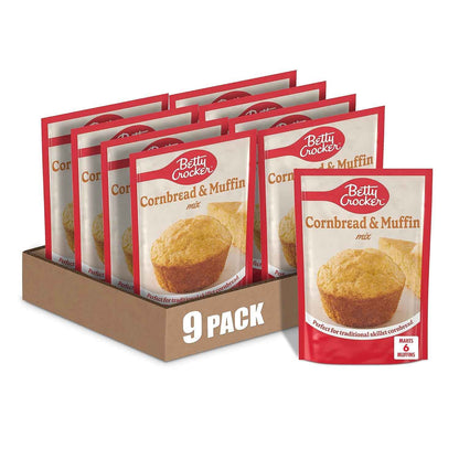 Betty Crocker Cornbread and Muffin Baking Mix, 6.5 oz (Pack of 9) – Portable Bulk Mix for Camping and Cabin Trips