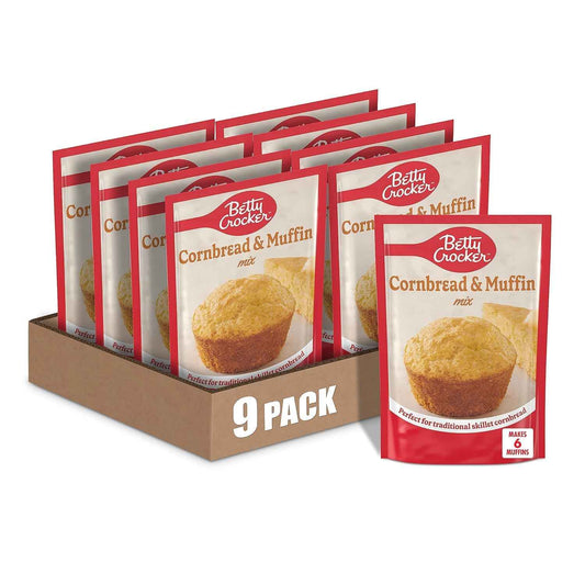 Betty Crocker Cornbread and Muffin Baking Mix, 6.5 oz (Pack of 9) – Portable Bulk Mix for Camping and Cabin Trips