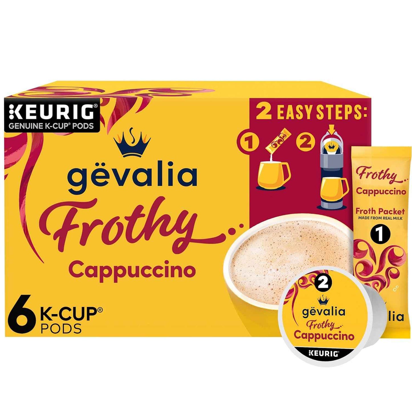 Gevalia 6-Count Cappuccino K-Cup & Froth Packet Set – Quick Desk-Friendly Coffee for Busy Workdays