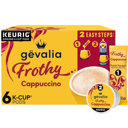 Gevalia 6-Count Cappuccino K-Cup & Froth Packet Set – Quick Desk-Friendly Coffee for Busy Workdays