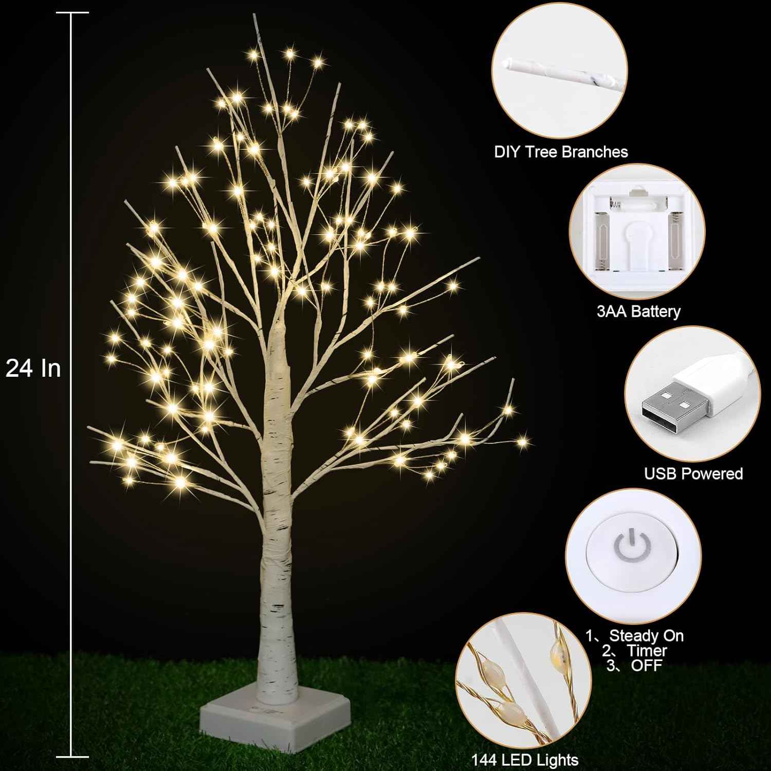 Mavques Flameless Birch Tree – Safe Night Light for Bedroom, LED Warm White Glow with Timer
