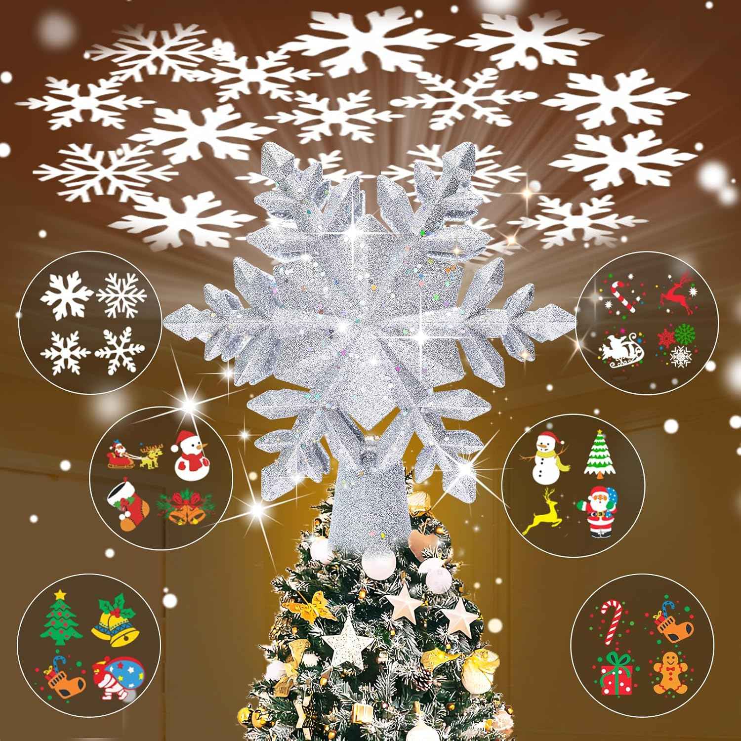 HOLIDAY MAGIC Glitter Lighted Tree Topper – Cozy Holiday Aesthetic for Family Room and Front Window Display