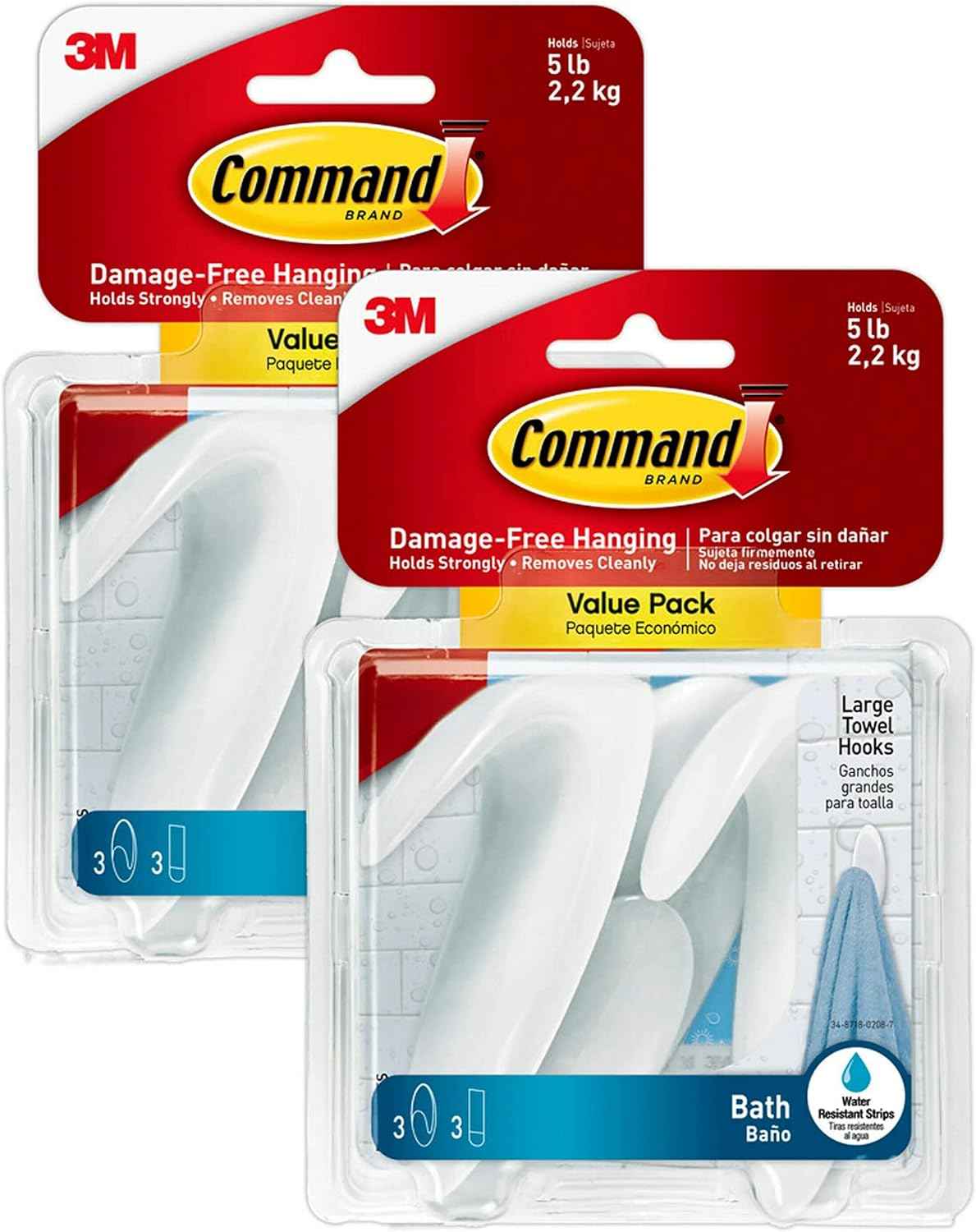 Command Large Towel Hooks 6 Pack – Sleek Bathroom Decor Accessory for Towels and Robes, No-Drill Adhesive Hooks for Spa-Look Spaces