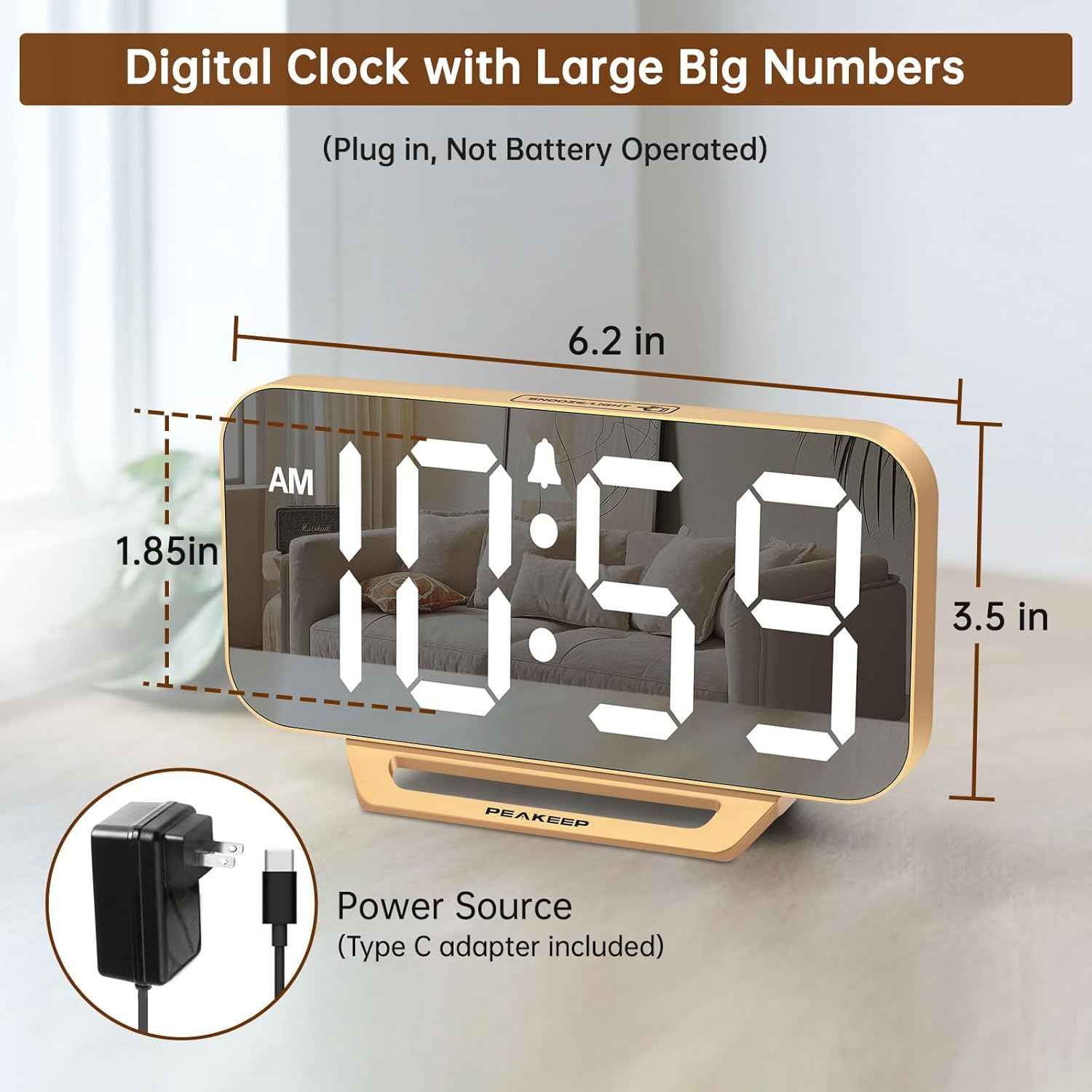 Peakeep Slim LED Clock – Study Room Timer and Alarm for Students with Loud 100 dB Wake-Up