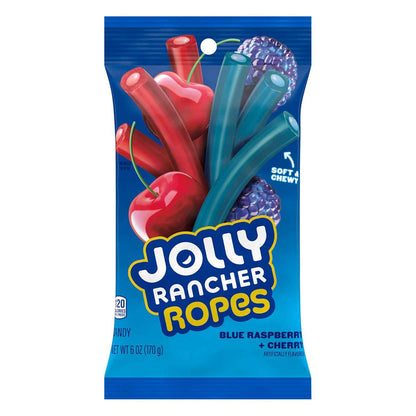 JOLLY RANCHER Ropes Blue Raspberry and Cherry Flavored Candy for Picnics and Camping, 6 oz Portable Chewy Bag
