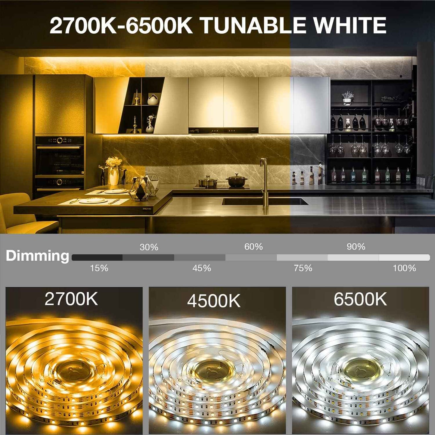 DAYBETTER Dimmable LED Strip Lights for Kitchen Cabinets – Modern Home Decor Accent Lighting, 2700K-6500K
