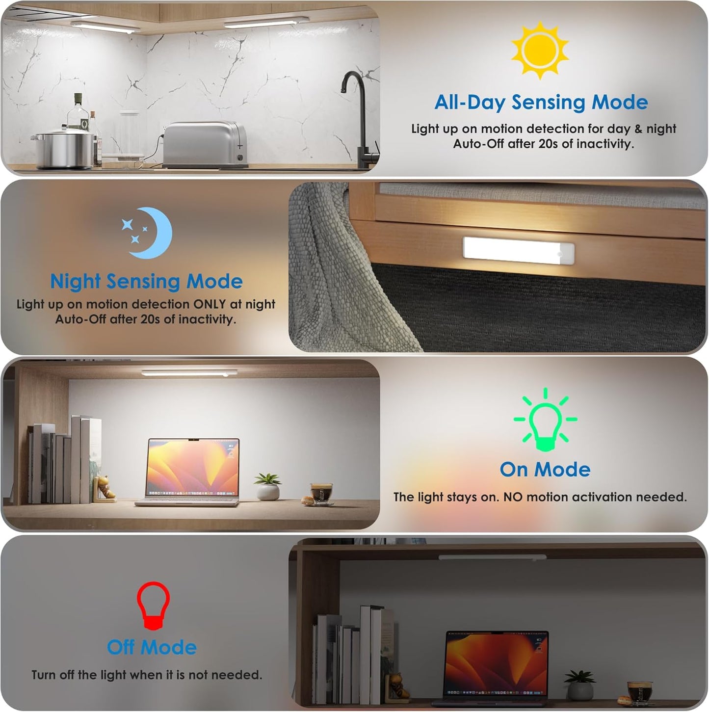 6 product variants across 3 color temperatures (cool white, warm white, neutral white) and 3 lengths (8"/12"/15.9")
