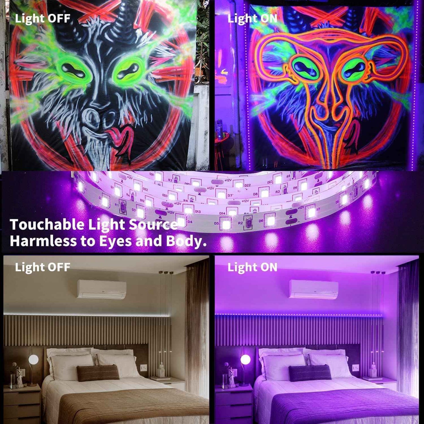Black Light Strips for Kids Room – Safe UV Glow Lighting for Bedroom and Playroom, Touchable and Low Heat