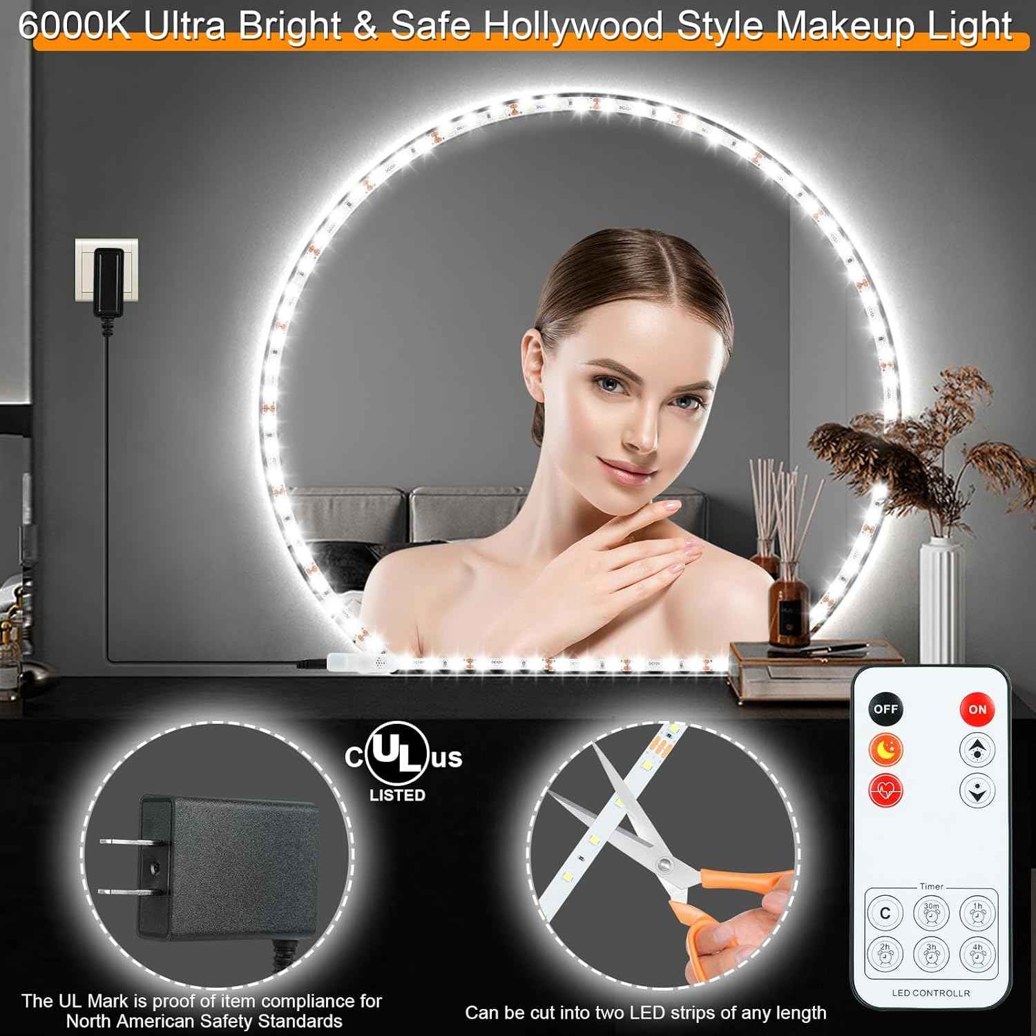 LED Vanity Mirror Lights for Makeup Dressing Table 13ft Flexible LED Light Strip Kit 6000K Daylight White Dimmer Power Supply, Bedroom Aesthetic Lighting Upgrade, DIY Mirror